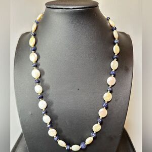 21" disc pearls, gold tone beads, and faceted sapphire beaded necklace!